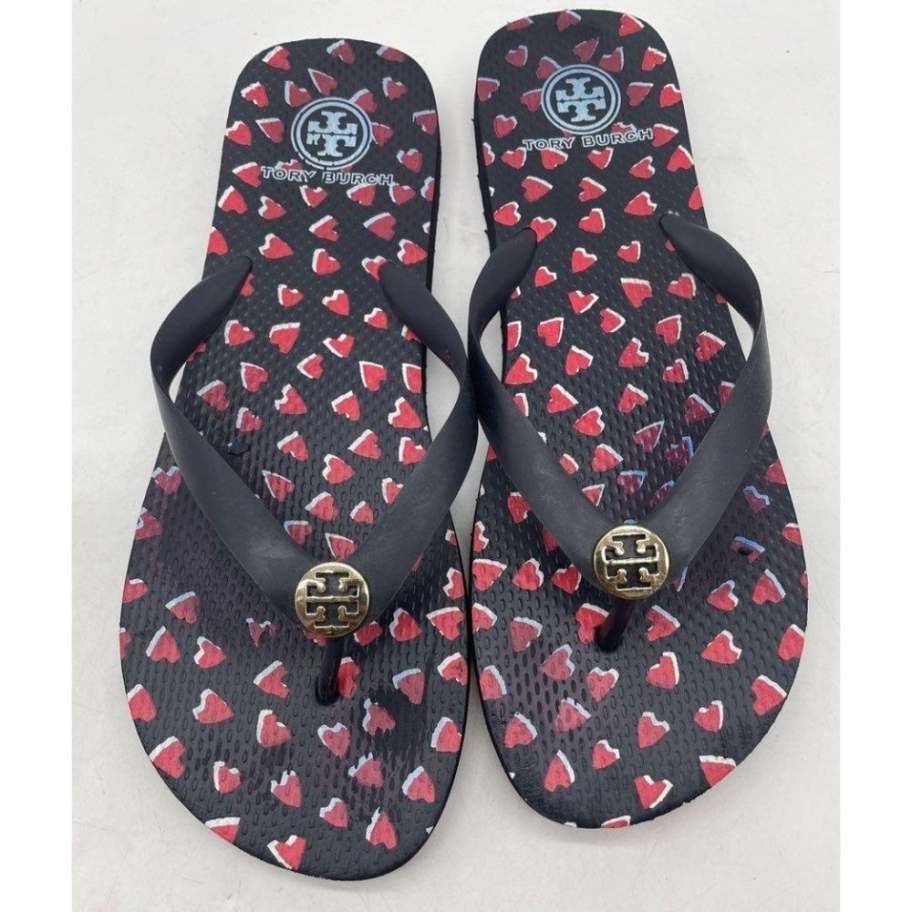 Tory Burch Womens Blue Heart Print Open Toe Slip On Flip Flop Sandal --Size 11